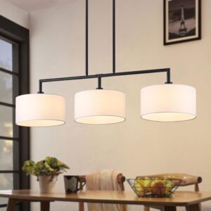 Lámpara Tambor Lineal Lino Metal Negro Blanco 3 Luces 47''