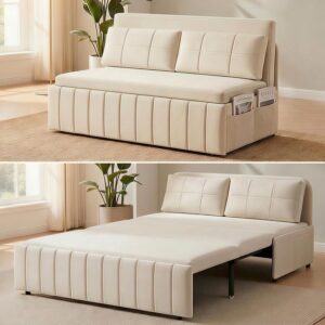 Sofá Cama 3 En 1 64 Pulgadas Queen Biplaza Piel Sintética Beige Almacenamiento