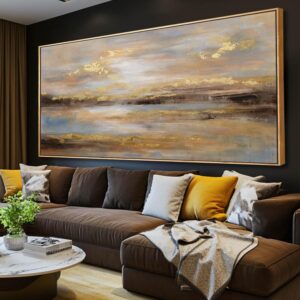 Lienzo abstracto dorado, 29 x 58" con marco