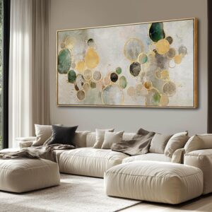 Lienzo abstracto dorado, verde, 29 x 58" con marco