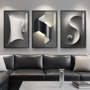 Set 3 impresiones abstractas blanco y negro, plateado con marco