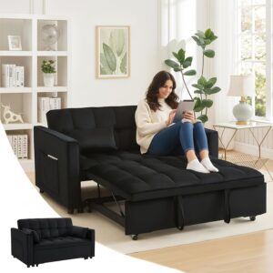 Sofá Cama 3 En 1 Extraíble 53 Pulgadas Biplaza Terciopelo Negro Respaldo Ajustable