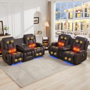 IPKIG Juego de Sofás Reclinables 3 Plazas Portavasos USB LED Eléctrico Masaje