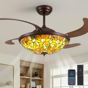Ventilador de Techo Tipo Araña 52" Tiffany Vintage con Luz Aspas Retráctiles
