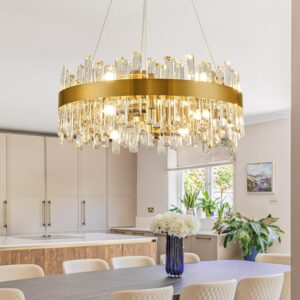 Siljoy Lámpara Colgante Gotas Cristal Dorado 12 Luces