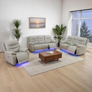 Juego de Sofás Reclinables 2 Plazas USB LED Eléctrico Cuero Gris Claro