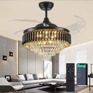 Ventilador de Techo Cristal 52" Moderno Luz LED Control Remoto Aspas Retráctiles