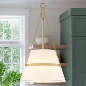 Lámpara Tambor Moderna Lino Dorado Blanco 4 Luces 15.35''