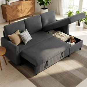 Sofá Cama Seccional Forma L Extraíble 3 Plazas Pana Gris Almacenamiento Chaise