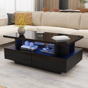 MHOM Mesa de Centro LED Alto Brillo Cajones Negro 41.3"