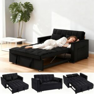 Sofá Cama Futón 3 En 1 Extraíble 70 Pulgadas Terciopelo Negro Respaldo Ajustable