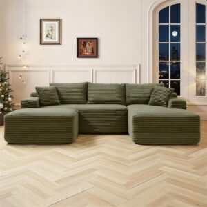 Sofá Seccional Forma L 108 Pulgadas Pana Verde Chaise Asiento Profundo Sin Estructura