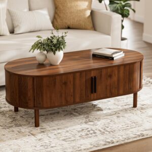 ZttRiee Mesa de Centro Ovalada Acanalada Nogal 47.2"