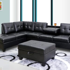 GTU Furniture Juego de Sofás 3 Piezas En L Chaise Piel Sintética Negro