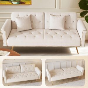 Sofá Cama Futón Plegable 70 Pulgadas Biplaza Terciopelo Beige Respaldo Ajustable