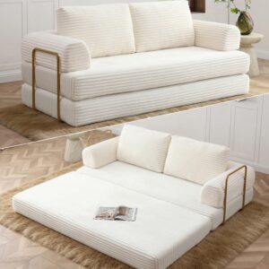 Sofá Cama Extraíble Plegable 80 Pulgadas Biplaza Pana Beige Sin Estructura