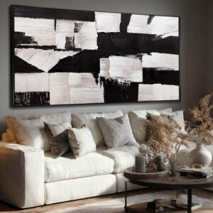 Lienzo abstracto geométrico negro, 29 x 58" con marco