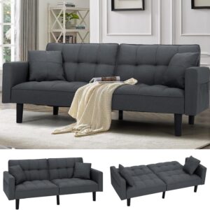 Sofá Cama Futón 74 Pulgadas Biplaza Lino Gris Respaldo Ajustable Almacenamiento