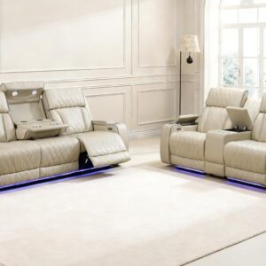 Juego de Sofás Reclinables 3 Plazas Moderno LED Eléctrico Cuero Caqui