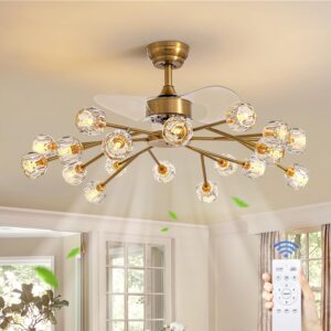 Siljoy Ventilador de Techo Cristal Granja con Luz Control Remoto Reversible Dorado