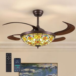 Ventilador de Techo Tipo Araña 48" Tiffany Vintage con Luz Aspas Retráctiles