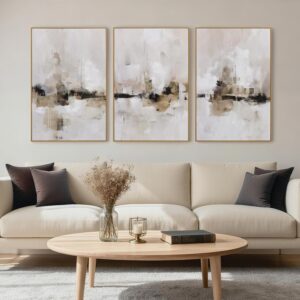 Lienzo abstracto texturizado beige, gris, 24 x 36 x 3" con marco