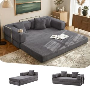 Sofá Cama 4 En 1 Plegable 77 Pulgadas Pana Gris Espuma Alta Densidad