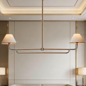 Lámpara Colgante Lineal Lino Metal Dorado 2 Luces 54.25''