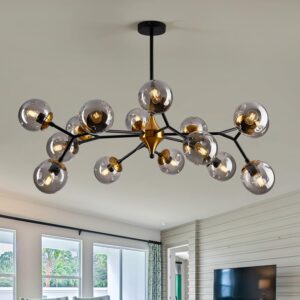 Candelabro Sputnik Mid Century Vidrio Negro/Dorado 15 Luces