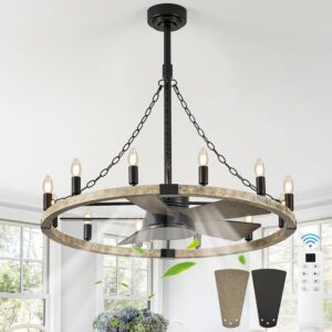 Ventilador de Techo 35" Rueda de Carro Rústico con Luz Control Remoto Exterior Madera