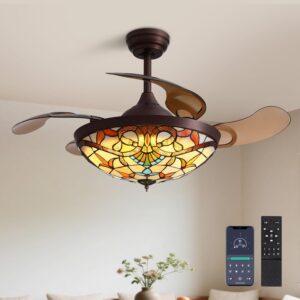 Ventilador de Techo Tipo Araña 42" Tiffany Vintage con Luz Aspas Retráctiles