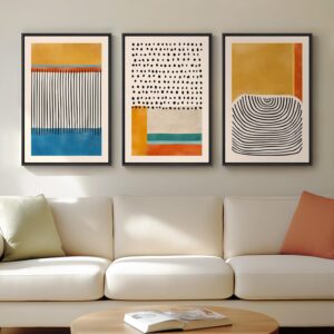 Set 3 lienzos abstractos mid-century amarillo con marco