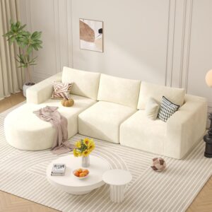 Sofá Cama Seccional Forma L Pana Beige Chaise Asiento Profundo Sin Montaje