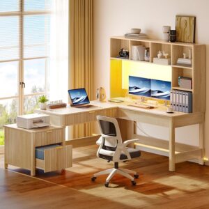 YITAHOME Escritorio en L 67" Con Cajones Con Carga USB Con LED Con Gabinete