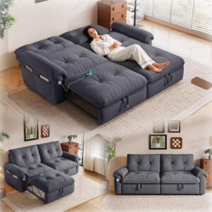 Sofá Cama Extraíble 77 Pulgadas Queen 2 Plazas Gris Almacenamiento USB