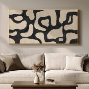 Lienzo abstracto mid-century negro y beige con marco