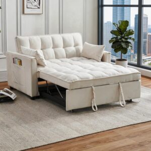 Sofá Cama Futón 3 En 1 Extraíble Crema Respaldo Ajustable Almacenamiento