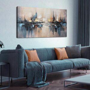 Arte abstracto azul y gris, blanco, 24 x 48"