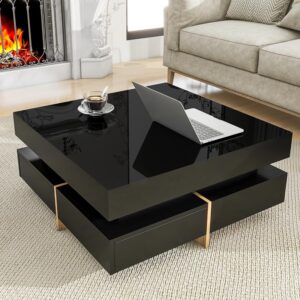 Mesa de Centro Cuadrada Almacenamiento Cajones Negro