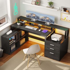 DWVO Escritorio en L 65" Con Cajones Con Carga USB Con LED Con Almacenamiento, Negro