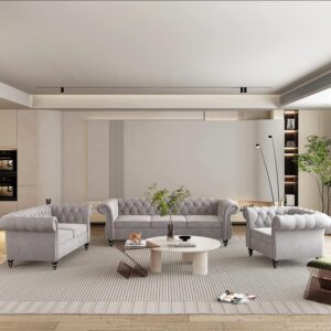 Juego de Sofás 3 Piezas 2 Plazas Chesterfield Terciopelo Gris