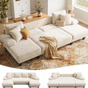 Sofá Cama Seccional Forma U Extraíble 112 Pulgadas Felpilla Blanco