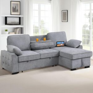 Sofá Cama Seccional Forma L Extraíble Almacenamiento Portavasos Chaise