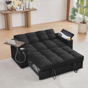 Sofá Cama 65 Pulgadas Negro Respaldo Ajustable USB Mesa Auxiliar Chaise