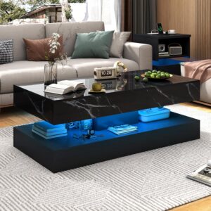 chartustriable Mesa de Centro Mármol LED Alto Brillo Cajones