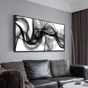 Lienzo abstracto blanco y negro, 48 x 24" con marco