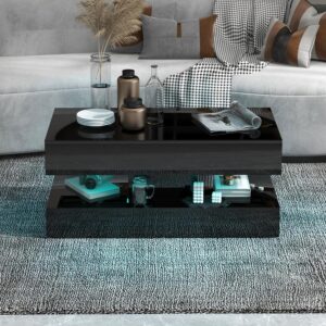 COBANA Mesa de Centro Rectangular LED Alto Brillo Cajones