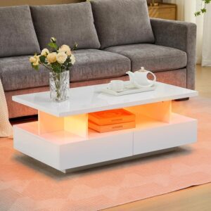 Mesa de Centro Rectangular Madera LED Cajones Blanco