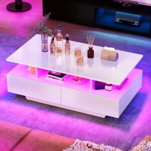 YITAHOME Mesa de Centro Rectangular LED Alto Brillo Cajones