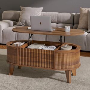 LYNCOHOME Mesa de Centro Ovalada Tapa Elevable Acanalada